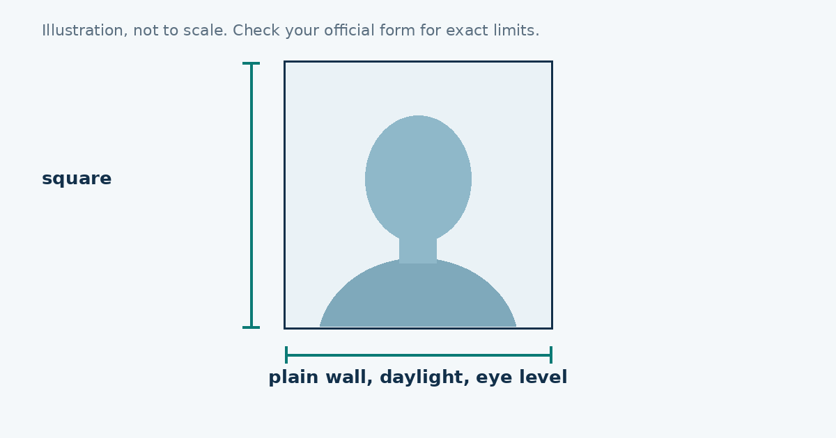 Diagram of a square passport photo with plain background and eye level camera